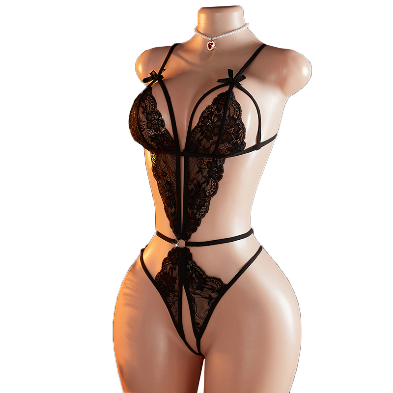 Lace Teddy Lingerie - 투명 섹시한 원피스 중공 블랙 레이스